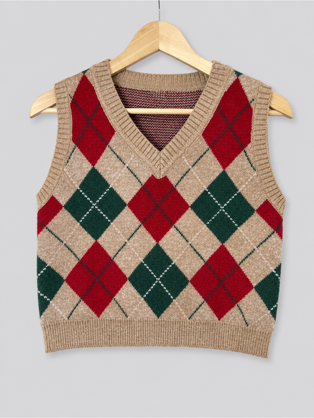 Argyle cropped Sweater Vest Wool Cashmere Blend Tan Red Green V-Neck Knit